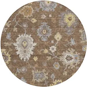 Photo of 8' Chocolate Taupe And White Round Floral Washable Indoor Outdoor Area Rug
