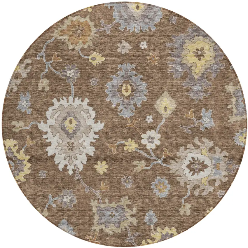 8' Chocolate Taupe And White Round Floral Washable Indoor Outdoor Area Rug Photo 1