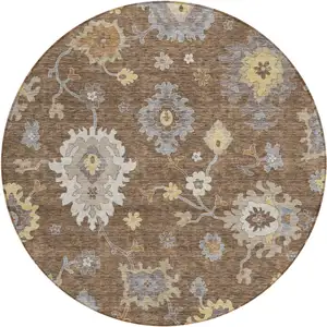 Photo of 8' Chocolate Taupe And White Round Floral Washable Indoor Outdoor Area Rug