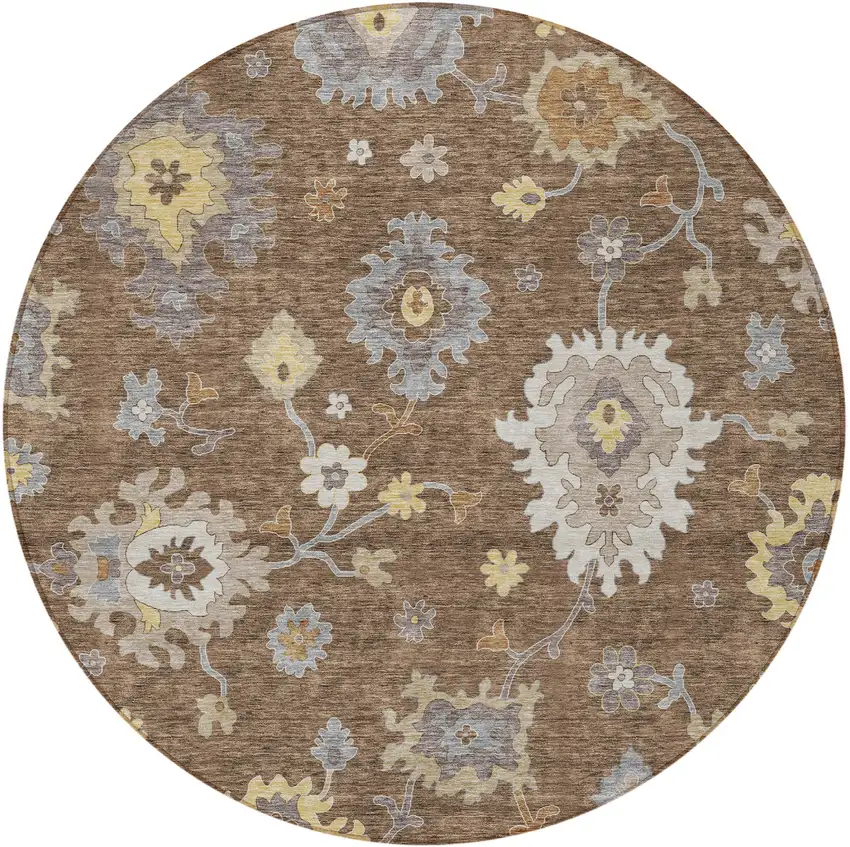 8' Chocolate Taupe And White Round Floral Washable Indoor Outdoor Area Rug Photo 7