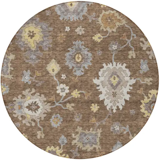 8' Chocolate Taupe And White Round Floral Washable Indoor Outdoor Area Rug Photo 7