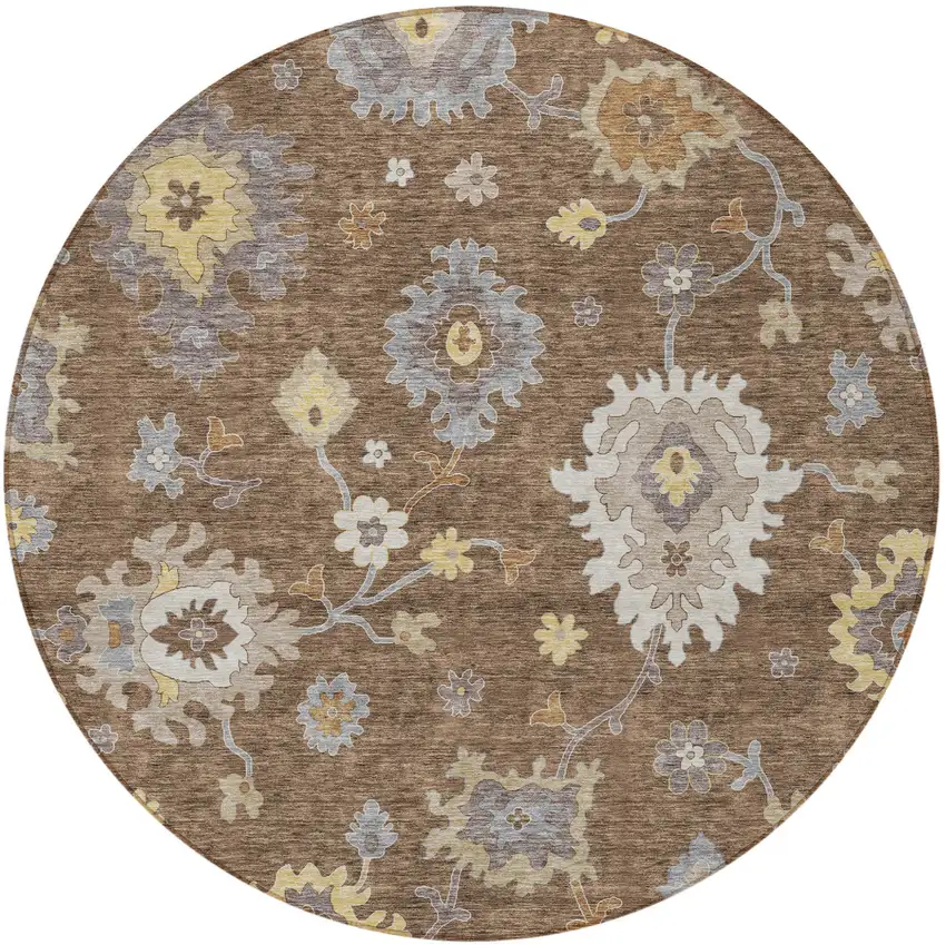 8' Chocolate Taupe And White Round Floral Washable Indoor Outdoor Area Rug Photo 7