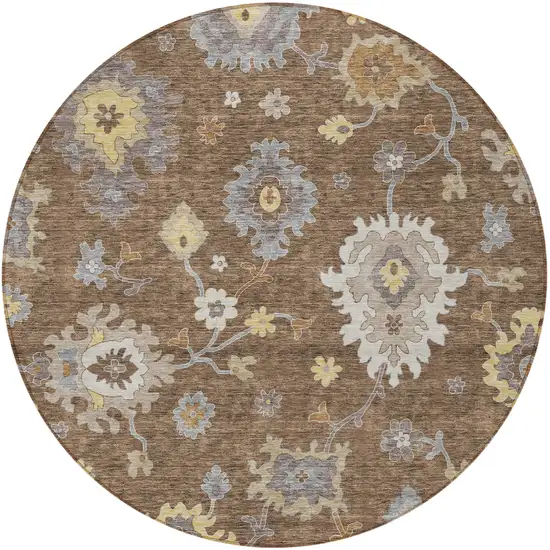 8' Chocolate Taupe And White Round Floral Washable Indoor Outdoor Area Rug Photo 7