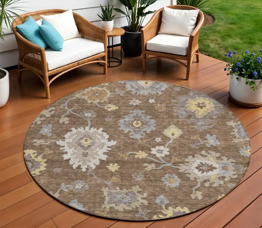 8' Chocolate Taupe And White Round Floral Washable Indoor Outdoor Area Rug Photo 1