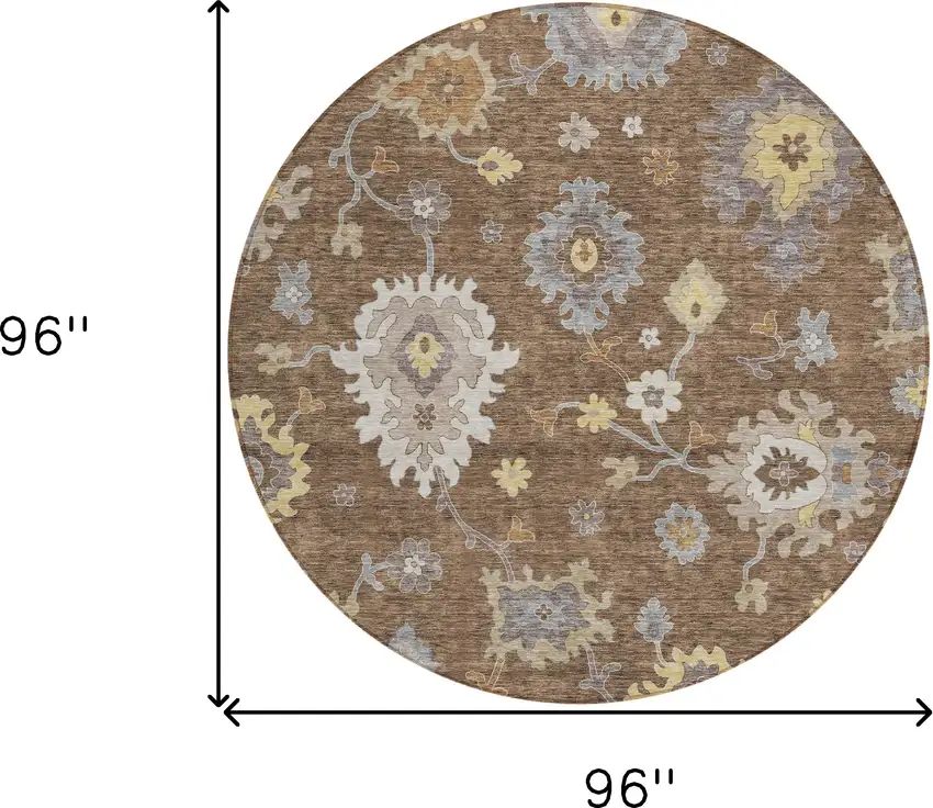 8' Chocolate Taupe And White Round Floral Washable Indoor Outdoor Area Rug Photo 9