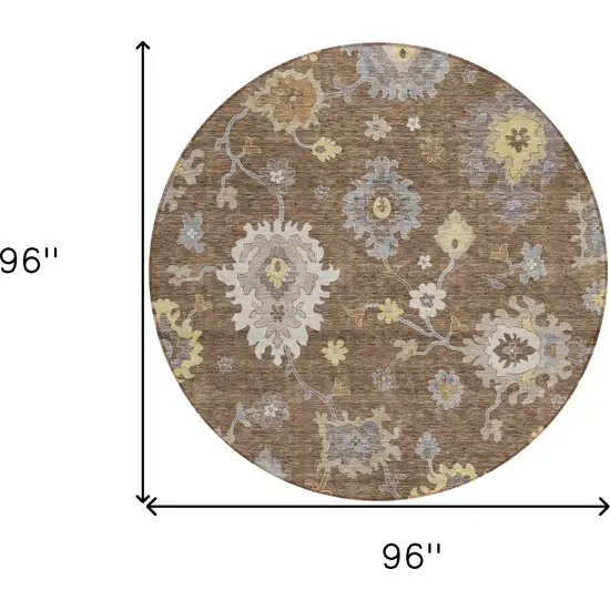 8' Chocolate Taupe And White Round Floral Washable Indoor Outdoor Area Rug Photo 9