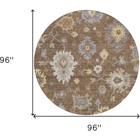 8' Chocolate Taupe And White Round Floral Washable Indoor Outdoor Area Rug Photo 9