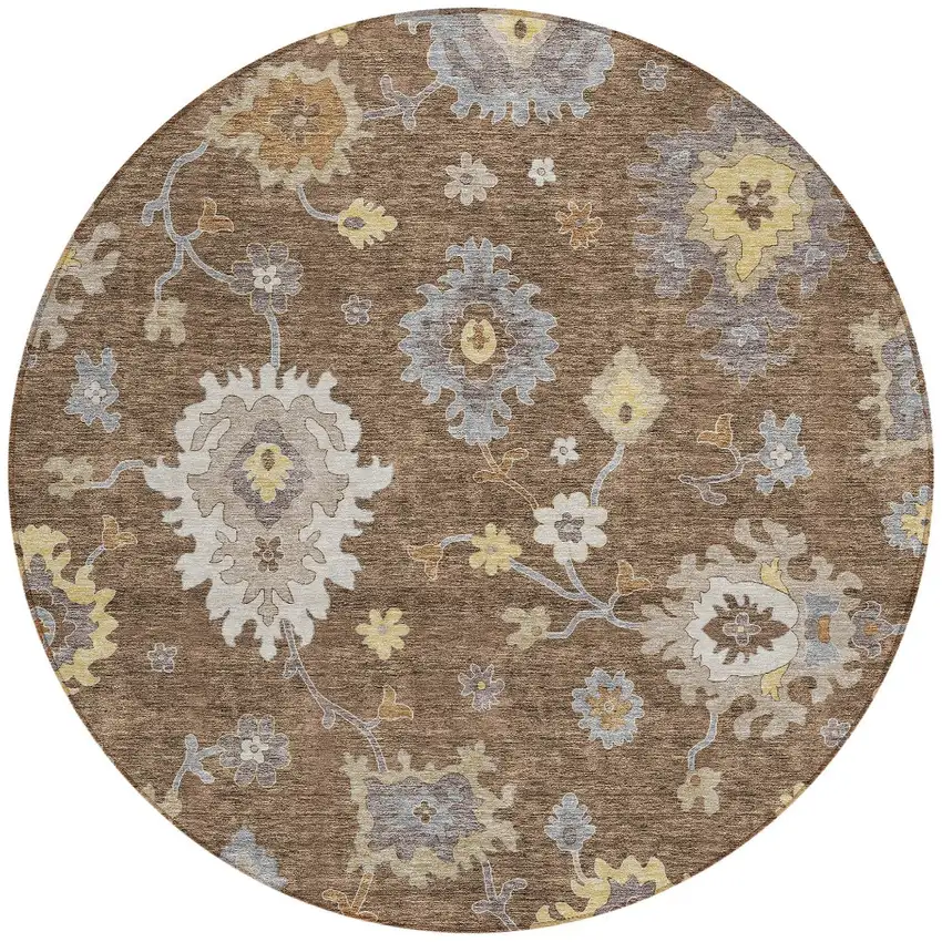 8' Chocolate Taupe And White Round Floral Washable Indoor Outdoor Area Rug Photo 5
