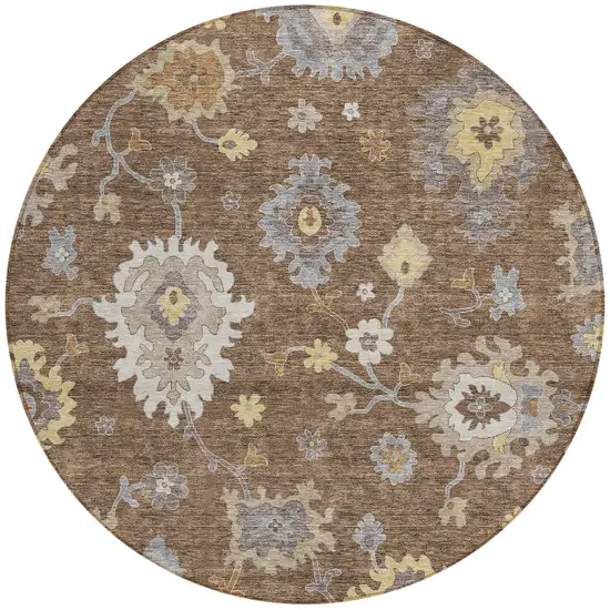 8' Chocolate Taupe And White Round Floral Washable Indoor Outdoor Area Rug Photo 5