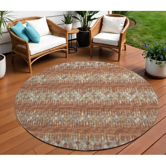 8' Cinnamon And Blue Round Ikat Washable Indoor Outdoor Area Rug Photo 1
