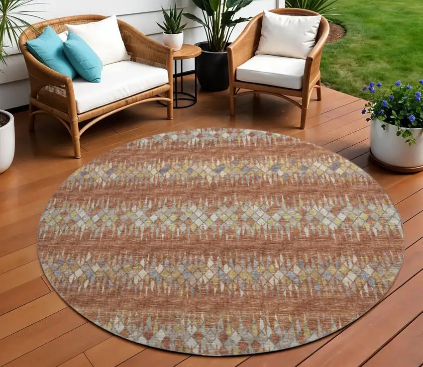 8' Cinnamon And Blue Round Ikat Washable Indoor Outdoor Area Rug Photo 1