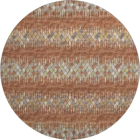 8' Cinnamon And Blue Round Ikat Washable Indoor Outdoor Area Rug Photo 2