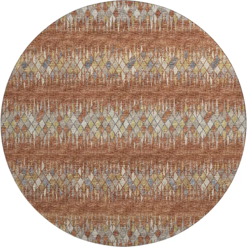 8' Cinnamon And Blue Round Ikat Washable Indoor Outdoor Area Rug Photo 2