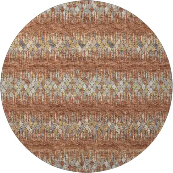 8' Cinnamon And Blue Round Ikat Washable Indoor Outdoor Area Rug Photo 4