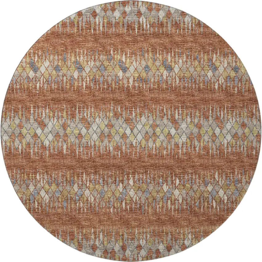 8' Cinnamon And Blue Round Ikat Washable Indoor Outdoor Area Rug Photo 4