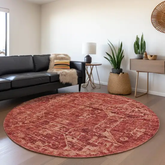 8' Cinnamon And Red Round Tribal Washable Indoor Outdoor Area Rug Photo 6