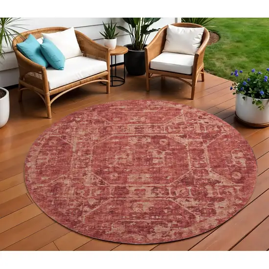 8' Cinnamon And Red Round Tribal Washable Indoor Outdoor Area Rug Photo 1