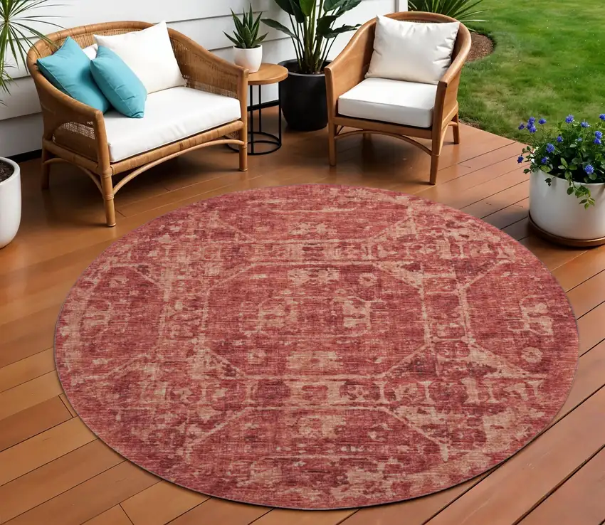 8' Cinnamon And Red Round Tribal Washable Indoor Outdoor Area Rug Photo 1
