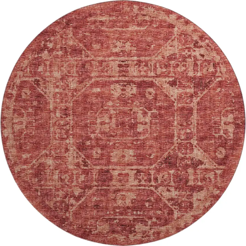 8' Cinnamon And Red Round Tribal Washable Indoor Outdoor Area Rug Photo 2