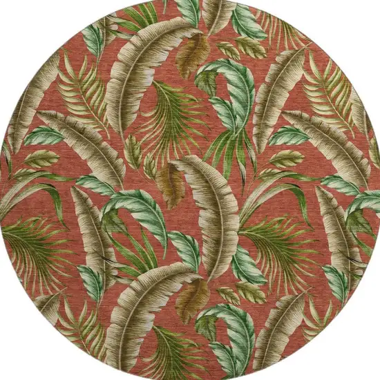 8' Cinnamon Green And Brown Geometric Washable Round Rug With UV Protection Photo 4