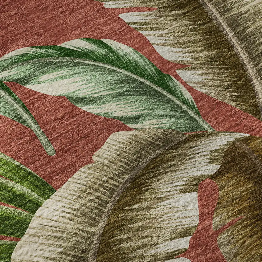 8' Cinnamon Green And Brown Geometric Washable Round Rug With UV Protection Photo 9