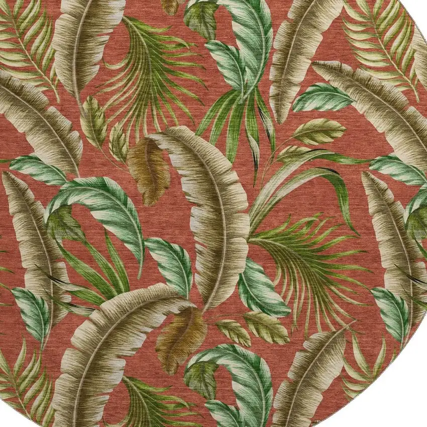 8' Cinnamon Green And Brown Geometric Washable Round Rug With UV Protection Photo 3