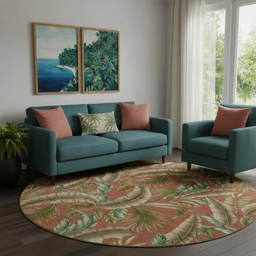 8' Cinnamon Green And Brown Geometric Washable Round Rug With UV Protection Photo 1