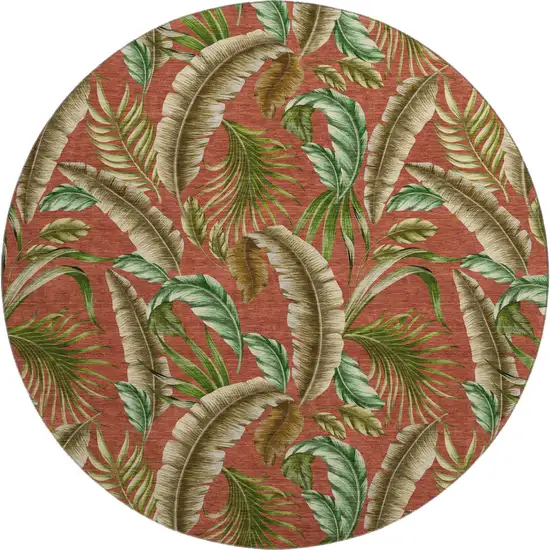 8' Cinnamon Green And Brown Geometric Washable Round Rug With UV Protection Photo 1