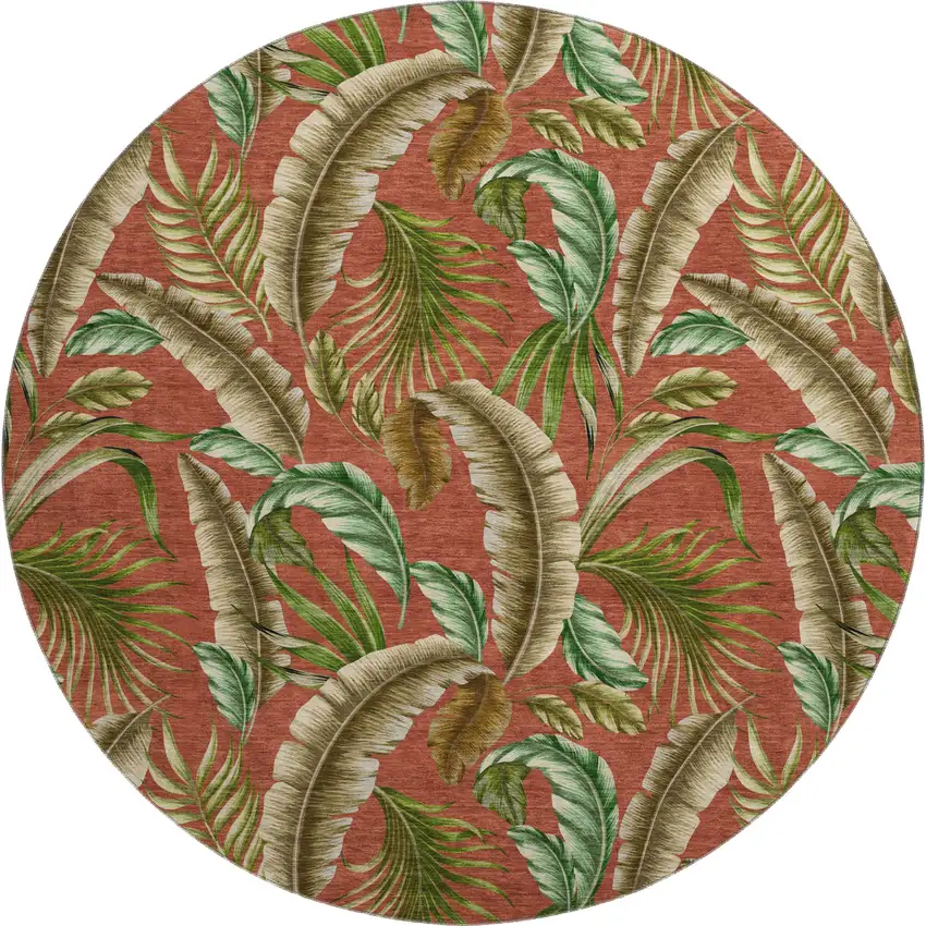 8' Cinnamon Green And Brown Geometric Washable Round Rug With UV Protection Photo 1