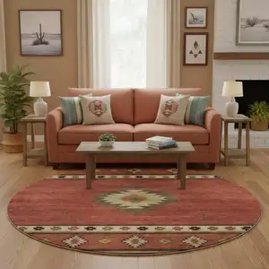 Photo of 8' Cinnamon Ivory And Beige Geometric Washable Round Rug With UV Protection