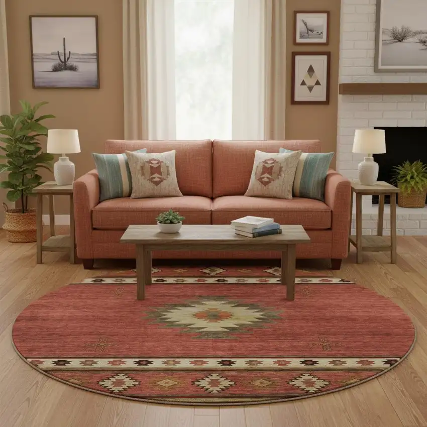 8' Cinnamon Ivory And Beige Geometric Washable Round Rug With UV Protection Photo 1