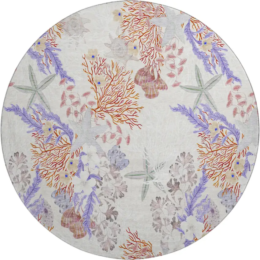 8' Cinnamon Ivory And Plum Geometric Washable Round Rug With UV Protection Photo 2