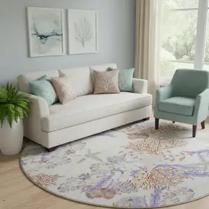 Photo of 8' Cinnamon Ivory And Plum Geometric Washable Round Rug With UV Protection