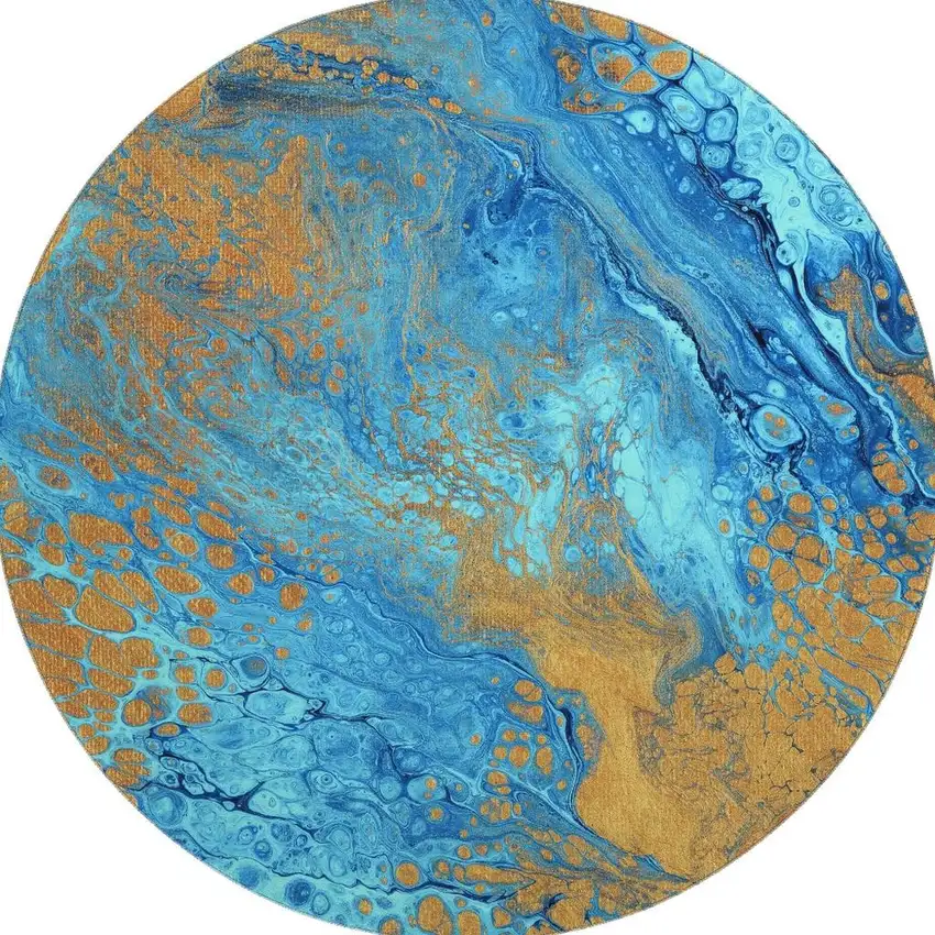 8' Cobalt And Copper Round Abstract Washable Indoor Outdoor Area Rug Photo 4