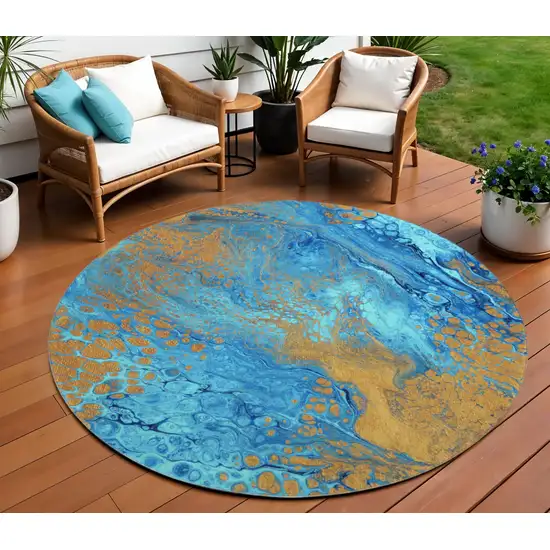 8' Cobalt And Copper Round Abstract Washable Indoor Outdoor Area Rug Photo 1