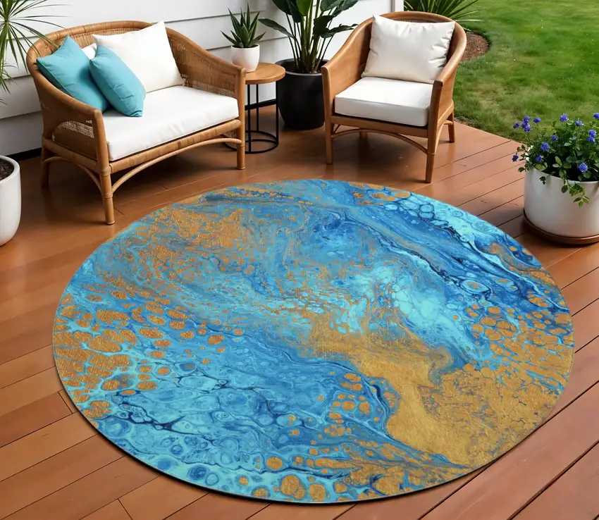 8' Cobalt And Copper Round Abstract Washable Indoor Outdoor Area Rug Photo 1