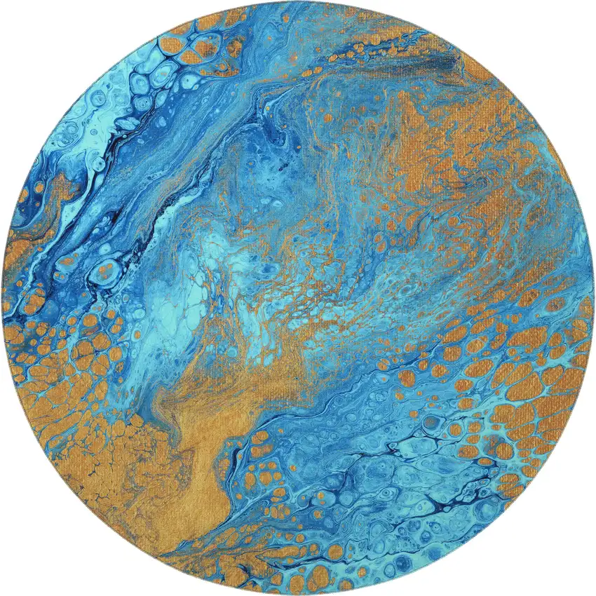 8' Cobalt And Copper Round Abstract Washable Indoor Outdoor Area Rug Photo 5