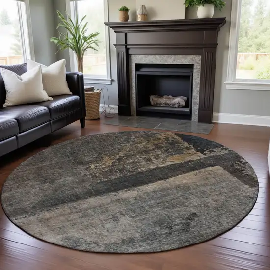 8' Coffee And Beige Abstract Washable Round Rug With UV Protection Photo 3