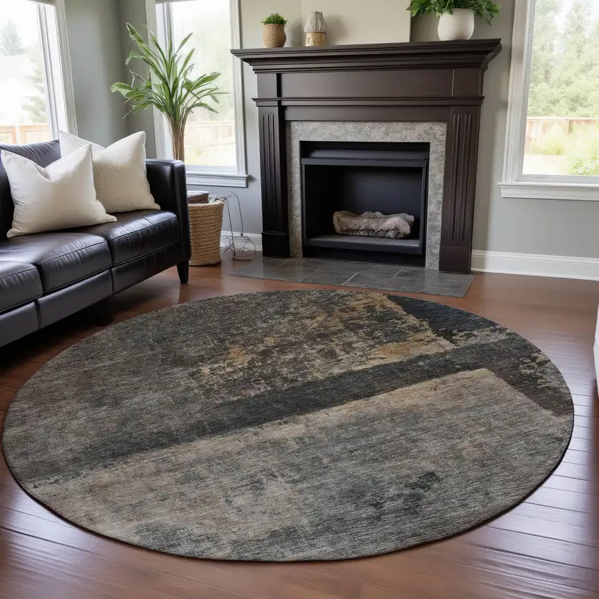 8' Coffee And Beige Abstract Washable Round Rug With UV Protection Photo 3