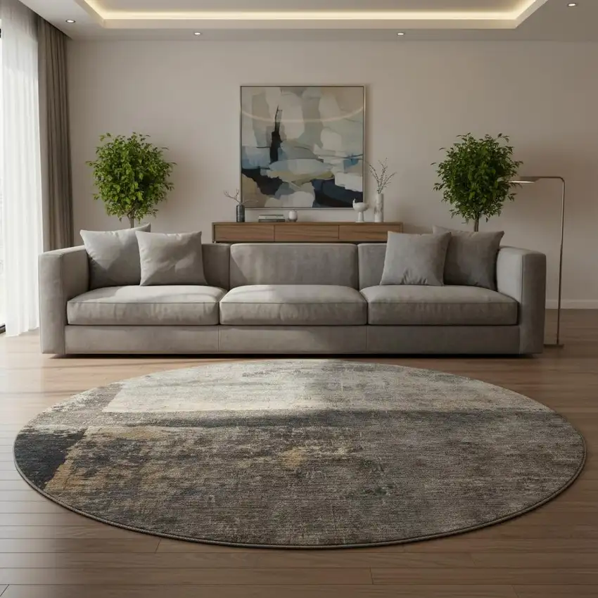 8' Coffee And Beige Abstract Washable Round Rug With UV Protection Photo 2