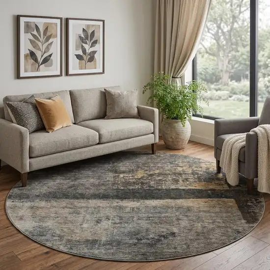 8' Coffee And Beige Abstract Washable Round Rug With UV Protection Photo 1