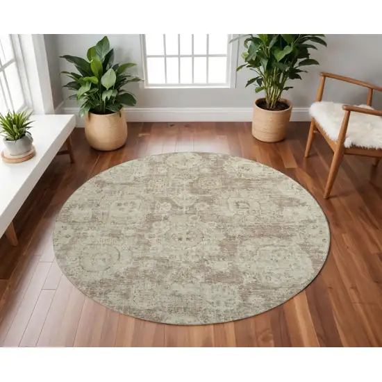8' Coffee And Beige Floral Washable Round Rug With UV Protection Photo 2