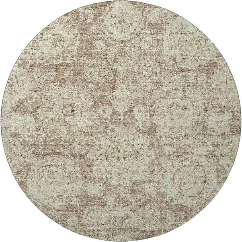 8' Coffee And Beige Floral Washable Round Rug With UV Protection Photo 4