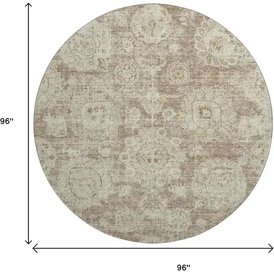 8' Coffee And Beige Floral Washable Round Rug With UV Protection Photo 3