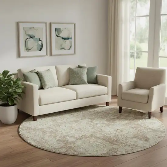 8' Coffee And Beige Floral Washable Round Rug With UV Protection Photo 1