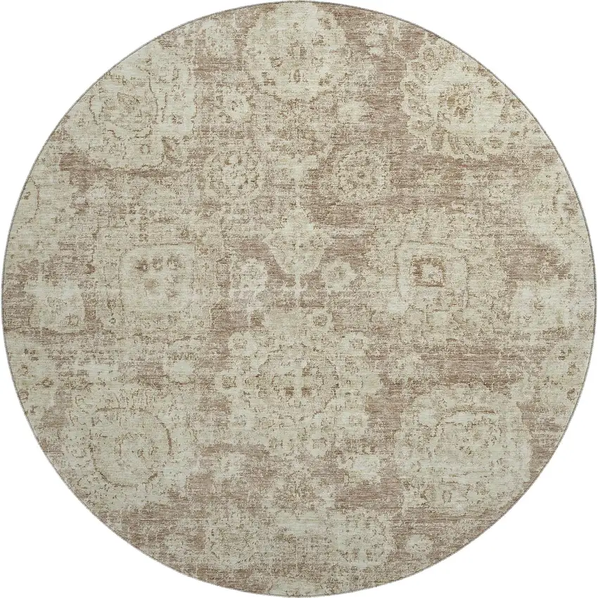 8' Coffee And Beige Floral Washable Round Rug With UV Protection Photo 1