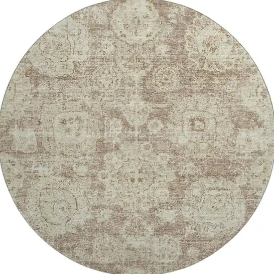 8' Coffee And Beige Floral Washable Round Rug With UV Protection Photo 3
