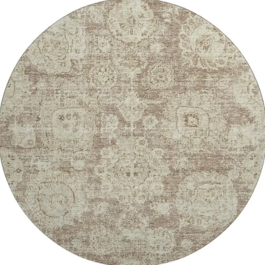 8' Coffee And Beige Floral Washable Round Rug With UV Protection Photo 3