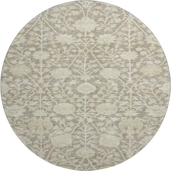 8' Coffee And Beige Floral Washable Round Rug With UV Protection Photo 1