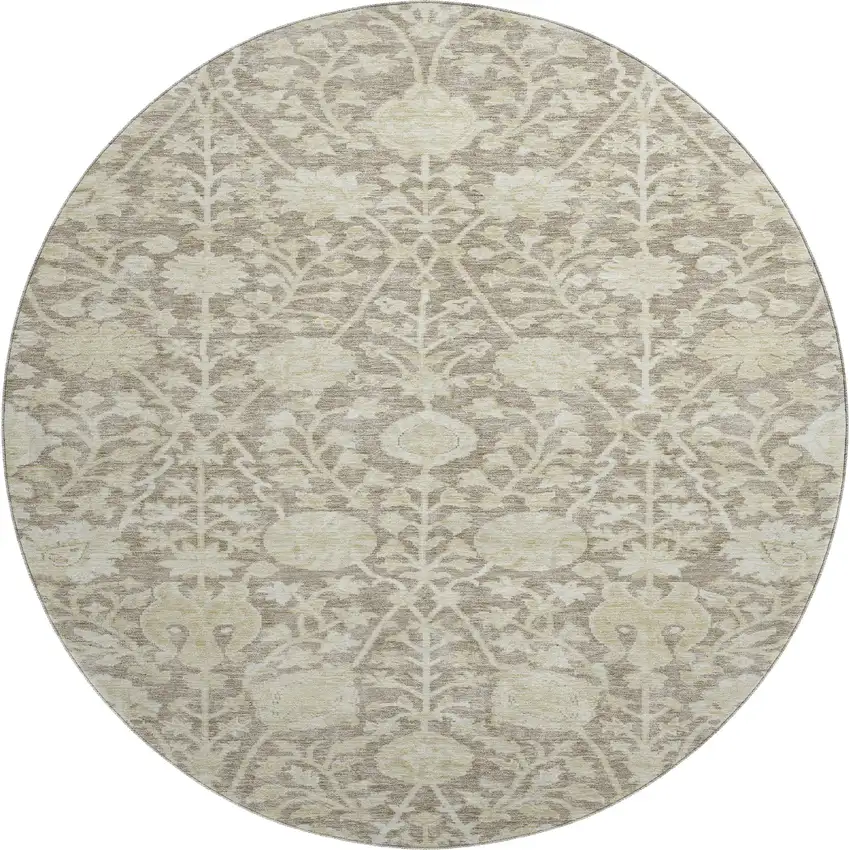 8' Coffee And Beige Floral Washable Round Rug With UV Protection Photo 1
